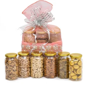 Glossary DRY FRUIT & NUT GIFT HAMPER/BASKET/BOX/PACK1500GM Cashews, Almonds, Pistachios, Raisins, Walnuts  (6 x 0.25 kg)