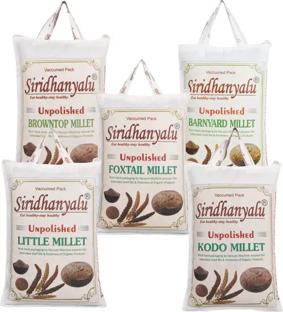 Siridhanyalu Unpolished and Organic Kodo, Little, Barnyard, Foxtail and Browntop 650gm) Mixed Millet  (3.25 kg, Pack of 5)