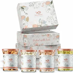 GreenFinity Diwali Gift Pack – Premium Dry Fruits Box with Almonds, Cashews, Pistachios & Raisins (100g Each) in Elegant Floral Box | Healthy, Assorted Gifting Choice