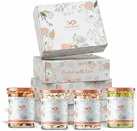 GreenFinity Diwali Gift Pack – Premium Dry Fruits Box with Almonds, Cashews, Pistachios & Raisins (100g Each) in Elegant Floral Box | Healthy, Assorted Gifting Choice