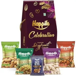 Happilo Premium Celebrations Gift Pack with 5 Inclusions | Almond, Cashew, Raisin, Date Bite, Party Snack, | Dry Fruits Gift Box | DOVE Gift Set for Birthday's and Anniversaries