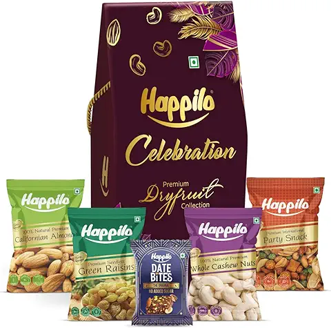 Happilo Premium Celebrations Gift Pack with 5 Inclusions | Almond, Cashew, Raisin, Date Bite, Party Snack, | Dry Fruits Gift Box | DOVE Gift Set for Birthday's and Anniversaries