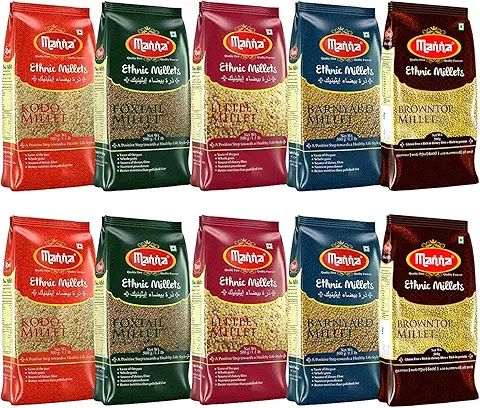 Manna Millets 5Kg Whole Grain Combo Pack of 5 Browntop, Foxtail, Kodo, Little, Barnyard, Certified Low GI, Unpolished Natural Grains 500g (Pack of 10)